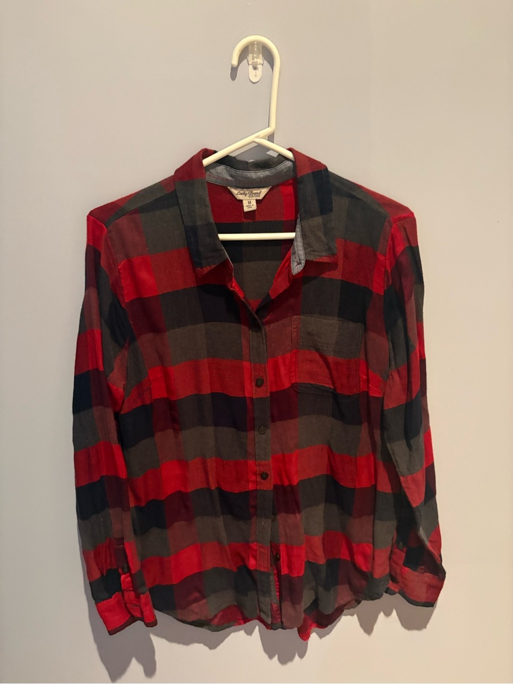 Woman’s Lucky Brand Red and Black Plaid Button-Down Shirt in Size M